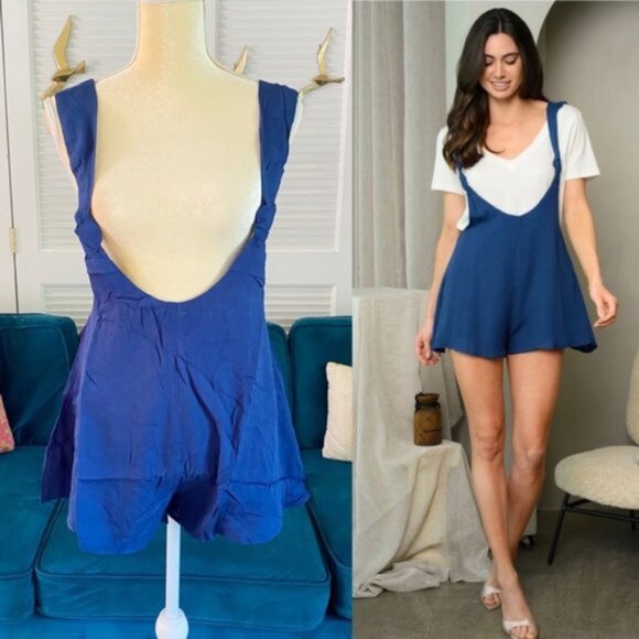 Le Lis | Casey Royal Navy Blue Knotted Strap Pinafore Romper Retro Shorts Small - Picture 1 of 14